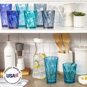 US Acrylic Optix 16-piece Plastic Tumblers in 4 Coastal Colors | 8 each: 14-ounce Rocks and 20-ounce Water Drinking Cups | Reusable, BPA-free, Made in the USA, Top-rack Dishwasher Safe