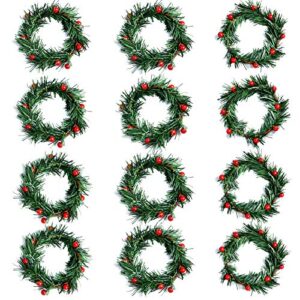 artflower 12 pcs christmas candle rings wreath mini christmas wreath with red artificial berry christmas pine wreath candle holder rings for christmas holiday table decorations (3 inch)