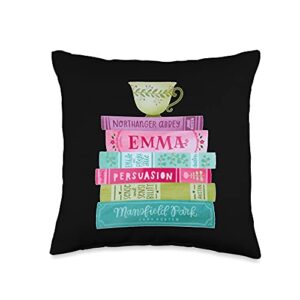 jane austen cool gifts tees funny jane austen book stack tea fans vintage literary throw pillow, 16x16, multicolor