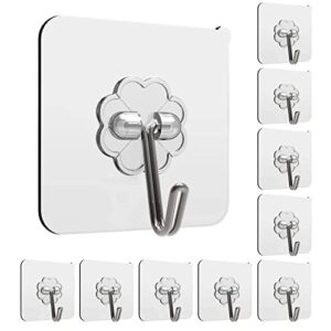 hooooxez adhesive wall hooks for hanging heavy duty 13lbs, no damage picture frames hangers for home and office, sticky hooks for kitchen bathroom, transparent waterproof and rustproof, 10 pack