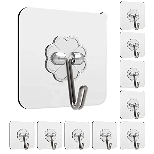 HOOOOXEZ Adhesive Wall Hooks for Hanging Heavy Duty 13lbs, No Damage Picture Frames Hangers for Home and Office, Sticky Hooks for Kitchen Bathroom, Transparent Waterproof and Rustproof, 10 Pack