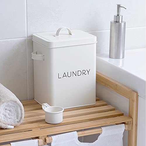 Navaris Laundry Detergent Container with Scoop - Powder Laundry Soap Tin - Vintage Style Metal Organizer Canister Box with Lid and Handles - White