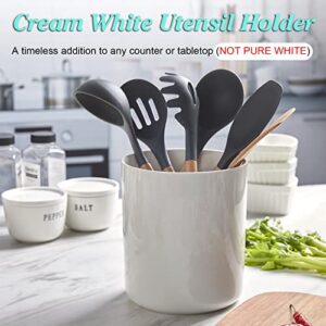 ALELION Cream White Kitchen Utensil Holder, 7.2" Extra Large Utensil Holder for Kitchen Counter, Thickenss Cooking Ceramic Utensil Crock for Utensils, Housewarming Wedding Gifts for Kitchen Decor