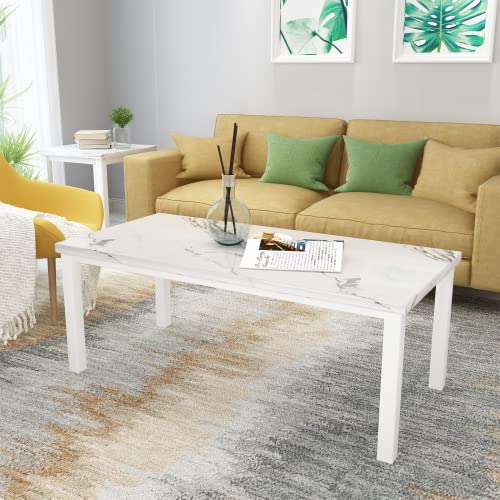 AWQM Faux Marble Coffee Table Set, Occasional Table Set of 3, Includes Accent Table & 2 Sofa Side End Tables for Living Room, White Metal Frame, White