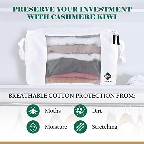 Moth Protection Sweater Storage for Closet – 2 Large Cotton Garment Bags, 30 Cedar Rings, & Mesh Window for Cashmere Sweaters – Wool & Cotton Sweater Organizer by Cashmere Kiwi, 15 x 11 x 9 In