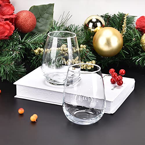 Set of 2 Cheers Christmas Stemless Wine Glasses with White Stars, Christmas Wine Glasses Set, Xmas Festival Decoration Gifts for Friends Family Women Men Holiday Celebration Christmas Party, 15 Oz
