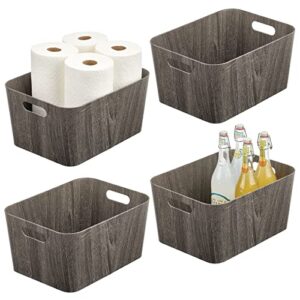 mdesign wood print food bin box with handles - rustic basket for kitchen and pantry vegetable and potato storage - perfect for garlic, onions, fruit, and more - 16" long - 4 pack - black