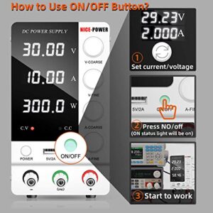 NICE-POWER DC Power Supply Variable Regulated Switching Adjustable 4-Digital Display Adjustable Lab Bench Power Supply, Output Enable/Disable Button (Side Display 30V/10V)