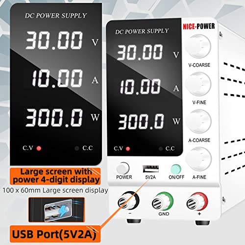 NICE-POWER DC Power Supply Variable Regulated Switching Adjustable 4-Digital Display Adjustable Lab Bench Power Supply, Output Enable/Disable Button (Side Display 30V/10V)