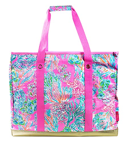 Lilly Pulitzer Large Utility Tote Bag, Heavy Duty Collapsible Tote, Storage Bin with Zip Lid & Reinforced Base, Seaing Things