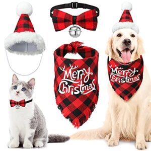 3 pieces christmas dog decoration set, 1 buffalo plaid dog bandana puppy triangle scarf 1 pet bow tie with bell 1 christmas dog hat for puppy cat pet small medium large dog(black red)