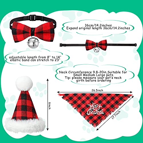 3 Pieces Christmas Dog Decoration Set, 1 Buffalo Plaid Dog Bandana Puppy Triangle Scarf 1 Pet Bow Tie with Bell 1 Christmas Dog Hat for Puppy Cat Pet Small Medium Large Dog(Black Red)