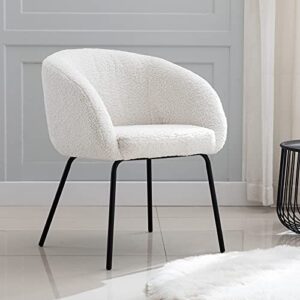 duomay modern faux fur white barrel dining chair, upholstered accent side chair makeup vanity chair with back living room leisure chair with black metal legs for bedroom dining room