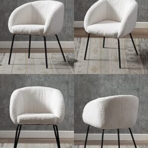 DUOMAY Modern Faux Fur White Barrel Dining Chair, Upholstered Accent Side Chair Makeup Vanity Chair with Back Living Room Leisure Chair with Black Metal Legs for Bedroom Dining Room