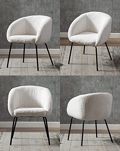 DUOMAY Modern Faux Fur White Barrel Dining Chair, Upholstered Accent Side Chair Makeup Vanity Chair with Back Living Room Leisure Chair with Black Metal Legs for Bedroom Dining Room