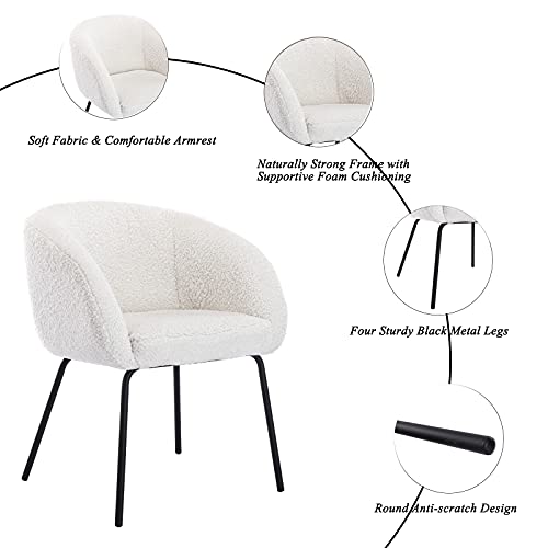 DUOMAY Modern Faux Fur White Barrel Dining Chair, Upholstered Accent Side Chair Makeup Vanity Chair with Back Living Room Leisure Chair with Black Metal Legs for Bedroom Dining Room