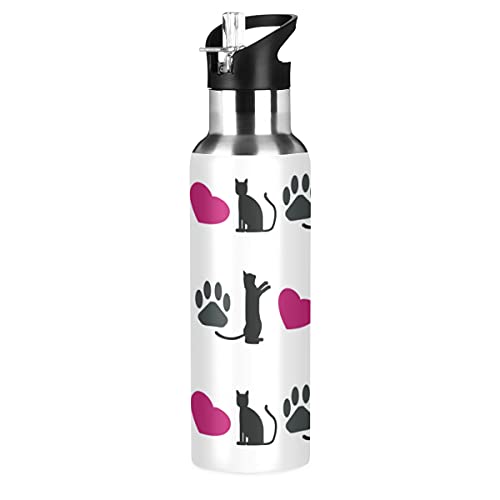 Yasala Water Bottle Black Cat Pink Heart Cute Coffee Thermos Stainless Steel Insulated Beverage Container 20 oz with Straw Lid BPA-Free for Sport, Travel, Camping, Back to School