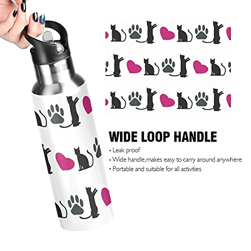 Yasala Water Bottle Black Cat Pink Heart Cute Coffee Thermos Stainless Steel Insulated Beverage Container 20 oz with Straw Lid BPA-Free for Sport, Travel, Camping, Back to School