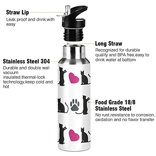 Yasala Water Bottle Black Cat Pink Heart Cute Coffee Thermos Stainless Steel Insulated Beverage Container 20 oz with Straw Lid BPA-Free for Sport, Travel, Camping, Back to School