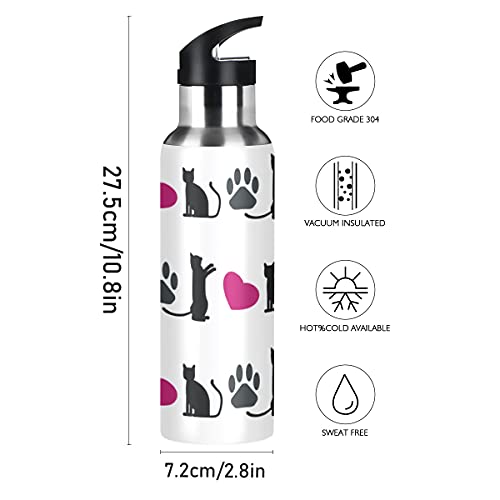 Yasala Water Bottle Black Cat Pink Heart Cute Coffee Thermos Stainless Steel Insulated Beverage Container 20 oz with Straw Lid BPA-Free for Sport, Travel, Camping, Back to School