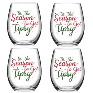 this the season to get tipsy christmas stemless wine glass, set of 4 christmas wine glasses, gift ideas for christmas holiday wedding, funny wine glasses for women friends men family wino, 15 oz