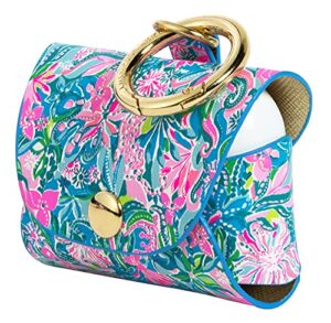lilly pulitzer blue leatherette airpods pro holder, cute keychain case with access to charging port, golden hour