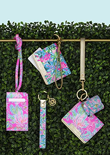 Lilly Pulitzer Blue Leatherette AirPods Pro Holder, Cute Keychain Case with Access to Charging Port, Golden Hour