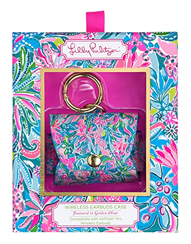 Lilly Pulitzer Blue Leatherette AirPods Pro Holder, Cute Keychain Case with Access to Charging Port, Golden Hour