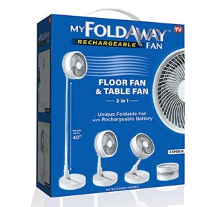 my foldaway fan folding fan, portable fan for travel, rechargeable fan with 10 hour battery life, super quiet cordless fan & desk fan, travel fan extendable from 4”- 40” with 3 modes as seen on tv