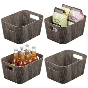 mDesign Wood Print Food Bin Box with Handles - Rustic Basket for Kitchen and Pantry Vegetable and Potato Storage - Perfect for Garlic, Onions, Fruit, and More - 12" Long - 4 Pack - Black