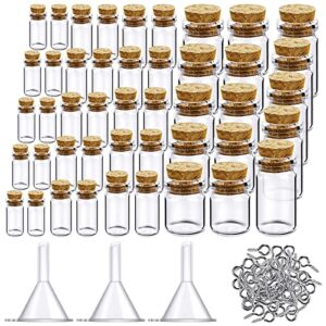 sherli 45 pieces mini glass bottles with 50 pieces eye screws and 3 pieces funnels clear small wishing jars with cork stoppers tiny cork glass bottles for diy art crafts party home decoration, 5 sizes