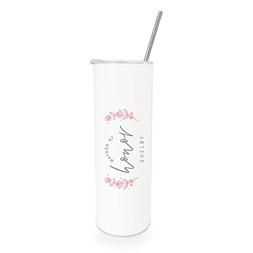 The Cotton & Canvas Co. Personalized Name Floral Matron of Honor Insulated Stainless Steel Wedding Tumbler with Metal Straw, Matron of Honor Proposal Box, Bridal Party Gift (20 Ounce)