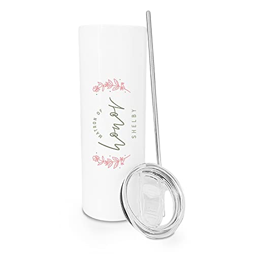 The Cotton & Canvas Co. Personalized Name Floral Matron of Honor Insulated Stainless Steel Wedding Tumbler with Metal Straw, Matron of Honor Proposal Box, Bridal Party Gift (20 Ounce)