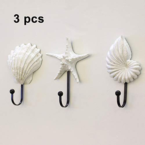 UXELY Wall Hooks Coat Hooks, 3pcs/Set Resin Hanger Decorative Hooks, Sea Shell Wall Hooks, Coastal Theme Beach House Decor for Bathroom Doors, Bedrooms, Wardrobes(White)