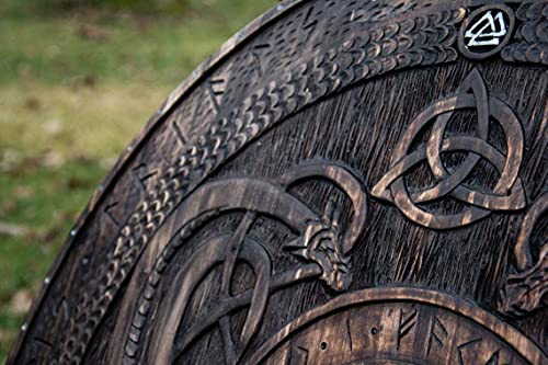 Kasmiartgallery Medieval Viking Shield with Carved Norse Runic Ornaments Shield Celtic Ornament Green