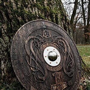 Kasmiartgallery Medieval Viking Shield with Carved Norse Runic Ornaments Shield Celtic Ornament Green