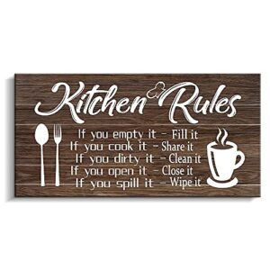 pinetree art kitchen rules wall decor rustic farmhouse funny kitchen quote wood wall sign modern home wooden signs for kitchen decoration (6" x 11.5", brown)