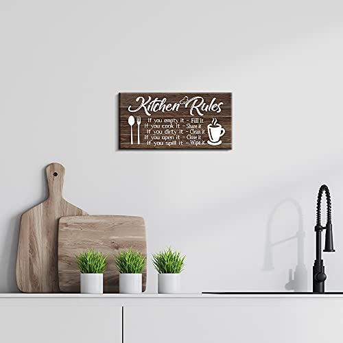 Pinetree Art Kitchen Rules Wall Decor Rustic Farmhouse Funny Kitchen Quote Wood Wall Sign Modern Home Wooden Signs for Kitchen Decoration (6" X 11.5", brown)