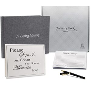 funeral guest book for memorial service - grey linen celebration of life hardcover with memory cards, table display sign, and a premium black pen - complete set