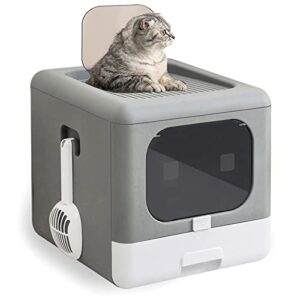 top entry cat litter box with lid,foldable litter box with cat plastic scoop,extra large space,drawer structure,closed smell proof anti-splashing,split type for easy cleaning (new grey)