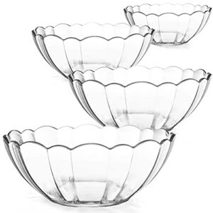 DEAYOU 4 Pack Clear Serving Bowls, Acrylic Salad Mixing Bowls, Party Snack or Chip Bowl, Break-Resistant Disposable Catering Bowls Punch Bowl for Entertaining, Fruit, Vegies, 4 Sizes, Flower-Shape