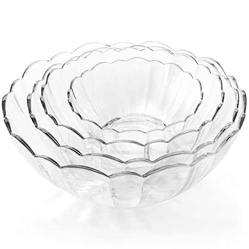 DEAYOU 4 Pack Clear Serving Bowls, Acrylic Salad Mixing Bowls, Party Snack or Chip Bowl, Break-Resistant Disposable Catering Bowls Punch Bowl for Entertaining, Fruit, Vegies, 4 Sizes, Flower-Shape