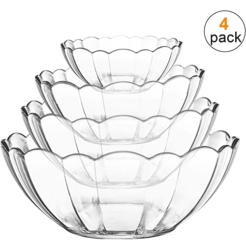 DEAYOU 4 Pack Clear Serving Bowls, Acrylic Salad Mixing Bowls, Party Snack or Chip Bowl, Break-Resistant Disposable Catering Bowls Punch Bowl for Entertaining, Fruit, Vegies, 4 Sizes, Flower-Shape