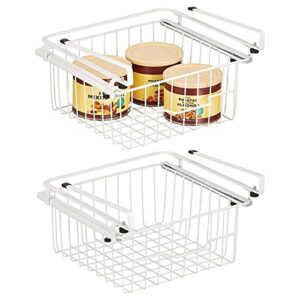 mdesign compact hanging pullout drawer basket - sliding under shelf storage organizer - metal wire - attaches to shelving - easy install - for kitchen, pantry, cabinet - 2 pack - white