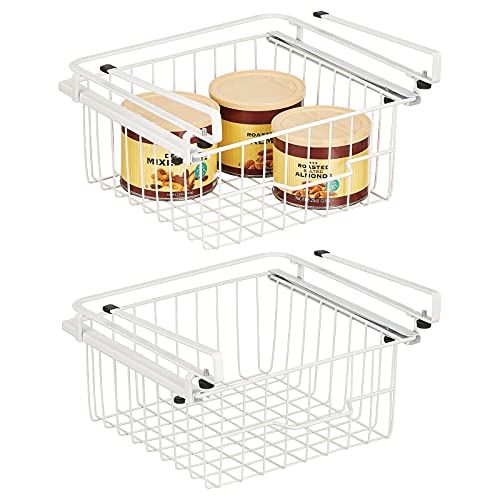 mDesign Compact Hanging Pullout Drawer Basket - Sliding Under Shelf Storage Organizer - Metal Wire - Attaches to Shelving - Easy Install - for Kitchen, Pantry, Cabinet - 2 Pack - White