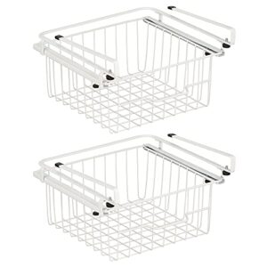 mDesign Compact Hanging Pullout Drawer Basket - Sliding Under Shelf Storage Organizer - Metal Wire - Attaches to Shelving - Easy Install - for Kitchen, Pantry, Cabinet - 2 Pack - White