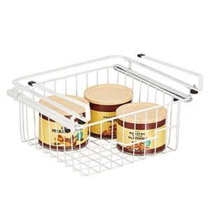 mDesign Compact Hanging Pullout Drawer Basket - Sliding Under Shelf Storage Organizer - Metal Wire - Attaches to Shelving - Easy Install - for Kitchen, Pantry, Cabinet - 2 Pack - White