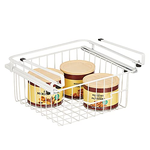 mDesign Compact Hanging Pullout Drawer Basket - Sliding Under Shelf Storage Organizer - Metal Wire - Attaches to Shelving - Easy Install - for Kitchen, Pantry, Cabinet - 2 Pack - White