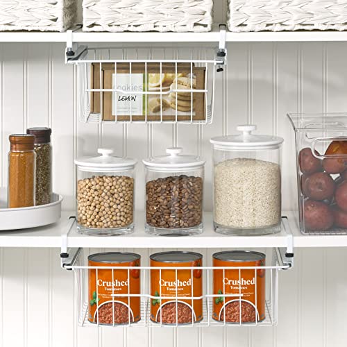 mDesign Compact Hanging Pullout Drawer Basket - Sliding Under Shelf Storage Organizer - Metal Wire - Attaches to Shelving - Easy Install - for Kitchen, Pantry, Cabinet - 2 Pack - White