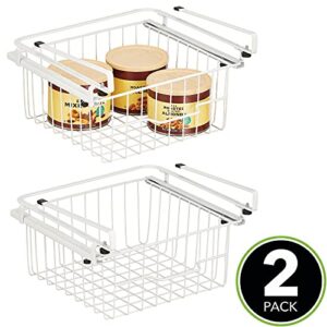 mDesign Compact Hanging Pullout Drawer Basket - Sliding Under Shelf Storage Organizer - Metal Wire - Attaches to Shelving - Easy Install - for Kitchen, Pantry, Cabinet - 2 Pack - White